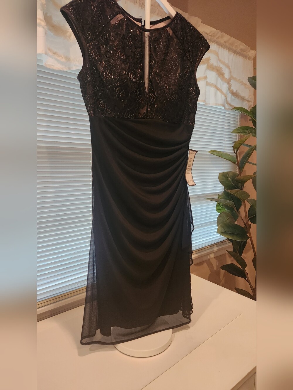 Betsy & Adam Black Strapless Lace Bodice Evening Dress